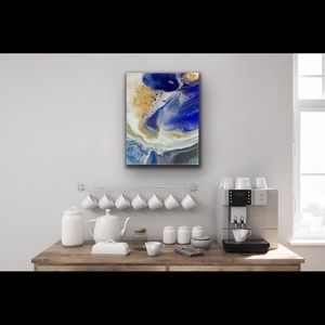 Blue White Gold 20" x 16" Abstract Fluid Painting